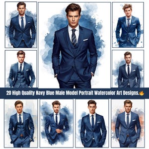 Op de afbeelding: Een verzameling aquarel kunstontwerpen met marineblauwe pakken. Elk portret toont een man in een op maat gemaakt pak, wit overhemd en stropdas. De afbeelding bevat de tekst "20 High Quality Navy Blue Male Model Portrait Watercolor Art Designs."