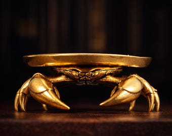 Solid Brass Crab Statue, Vintage Coastal Animal Sculpture, Nautical Desk Decor
