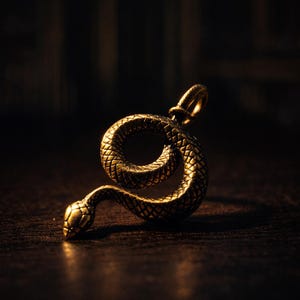 May include: A detailed, gold-coloured snake pendant. The pendant is coiled, with a textured surface and a loop at the top for a chain. The snake's head is visible, and the overall design is intricate and detailed.