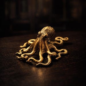 May include: A detailed, golden octopus figurine with textured skin and multiple tentacles. The sculpture has dark eyes and is set against a dark background, highlighting its intricate design. The octopus is a decorative item.