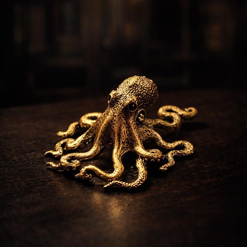 May include: A detailed, golden octopus figurine with textured skin and multiple tentacles. The sculpture has dark eyes and is set against a dark background, highlighting its intricate design. The octopus is a decorative item.