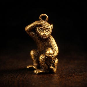 May include: A detailed brass monkey figurine, posed with one hand on its head and holding a nut. The monkey has a loop at the top for hanging. The figurine is golden brown and sits on a dark wooden surface.