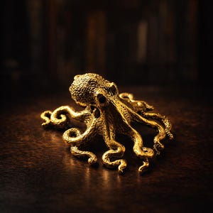May include: A detailed, golden octopus sculpture with textured skin and curled tentacles. The cephalopod is displayed on a dark, wooden surface, with a blurred background. The sculpture is a decorative item.