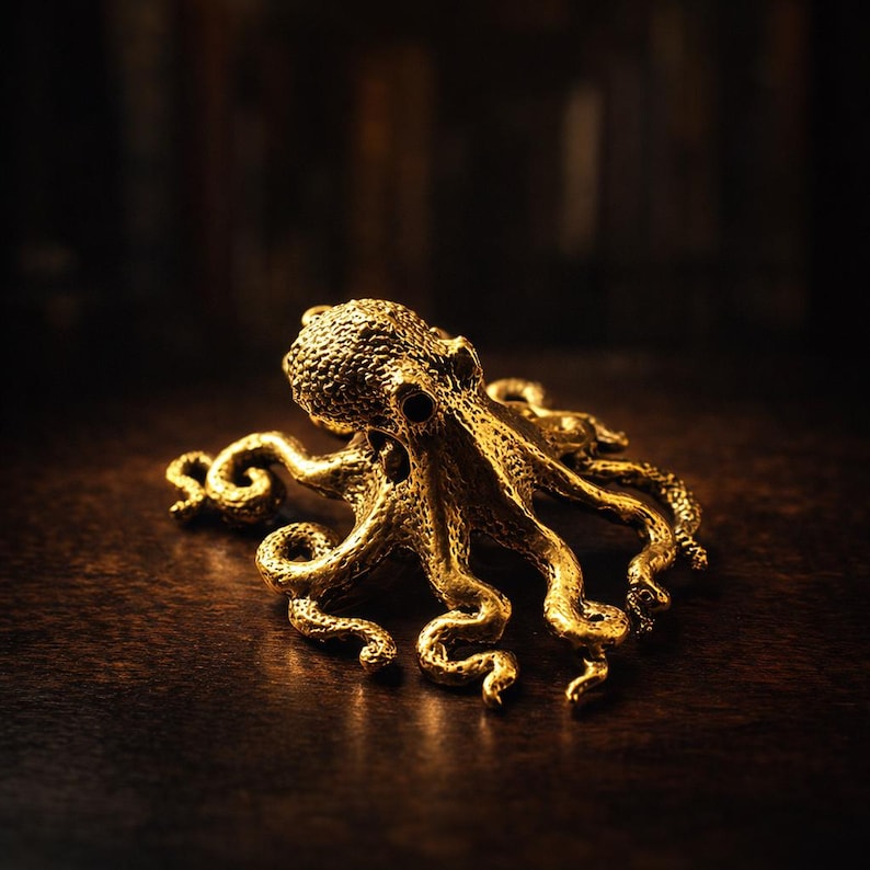 May include: A detailed, golden octopus sculpture with textured skin and curled tentacles. The cephalopod is displayed on a dark, wooden surface, with a blurred background. The sculpture is a decorative item.