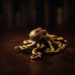 May include: A detailed, golden-colored octopus figurine with textured skin and curled tentacles. The sculpture is set against a dark, blurred background, highlighting the intricate details of the sea creature.