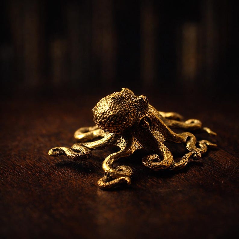 May include: A detailed, golden-colored octopus figurine with textured skin and curled tentacles. The sculpture is set against a dark, blurred background, highlighting the intricate details of the sea creature.
