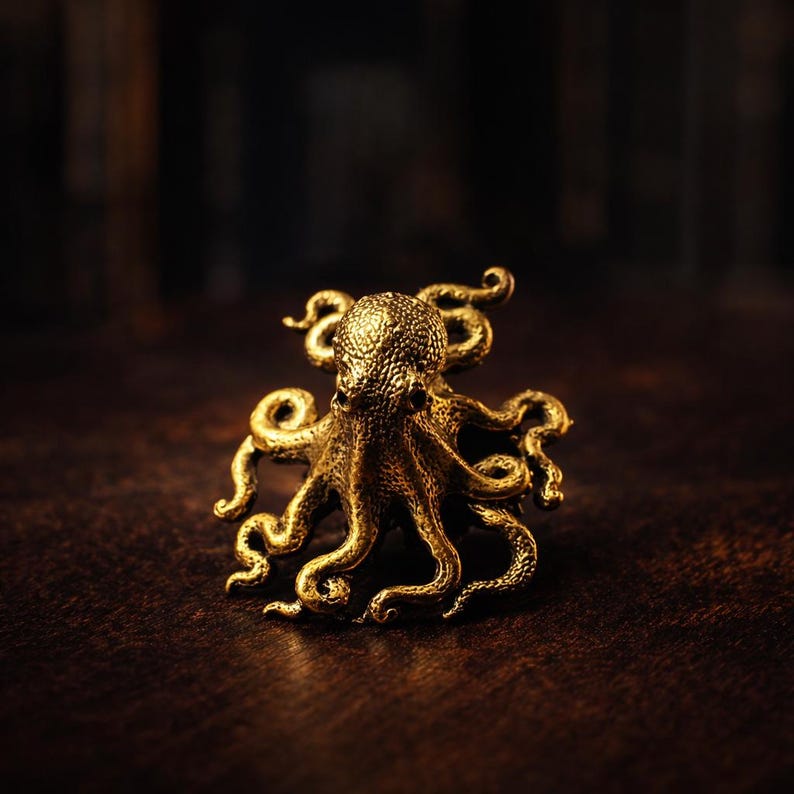 May include: A detailed, golden octopus figurine with textured skin and curled tentacles. The sculpture is set against a dark, blurred background, highlighting the intricate details of the sea creature. The octopus is a decorative item.