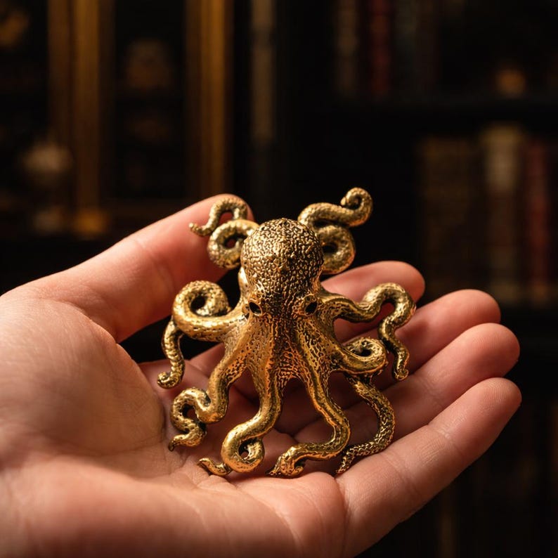 May include: A detailed, golden octopus figurine with textured skin and curled tentacles. The sculpture is held in an open hand, showcasing its intricate design and metallic sheen. The octopus is a decorative item.