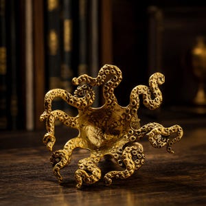 May include: A gold-colored octopus-shaped decorative object. The sculpture has multiple tentacles with textured suckers and a central bowl-like structure. The object is placed on a dark wooden surface, with a blurred background of books.
