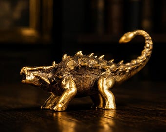 Brass Dinosaur Figurine, Solid Brass Dinosaur Statue, Mini Dino Decor, Stegosaurus Style Ornament, Desk Shelf Collectible, Office Home Gift