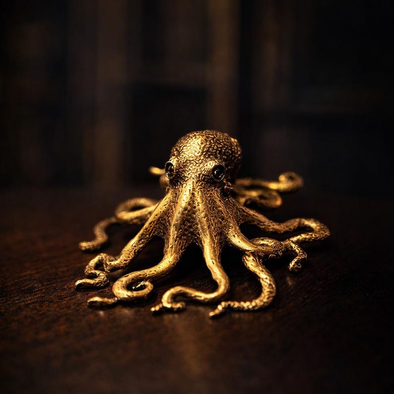 May include: A detailed, golden octopus sculpture with textured skin and dark eyes. The eight tentacles curl gracefully, and the sculpture sits on a dark wooden surface. The overall aesthetic is elegant and detailed.
