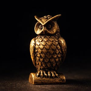 May include: A detailed, golden-colored owl figurine. The owl is perched on a small, rectangular base, with intricate feather detailing. The eyes are clearly defined, and the overall design is ornate. The background is a dark, solid color.