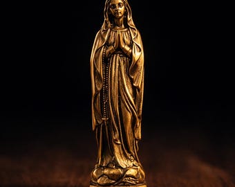 Brass Virgin Mary Statue: Antique Gold Catholic Figurine, Religious Home Altar Decor