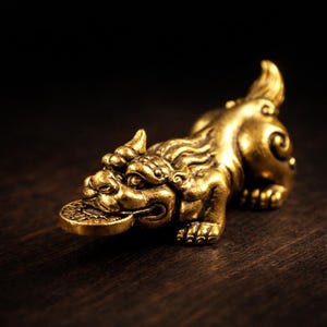 Vintage Brass Pixiu Figurine, Feng Shui Wealth Guardian Sculpture, Lucky Pi Yao Statue