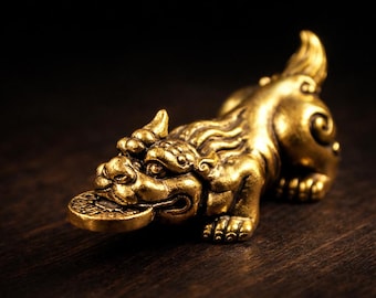 Vintage Brass Pixiu Figurine, Feng Shui Wealth Guardian Sculpture, Lucky Pi Yao Statue