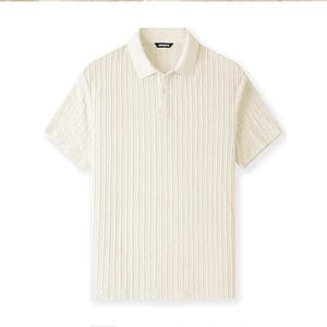 May include: A cream-colored short-sleeve polo shirt with a vertical cable knit texture, a classic collar, and a button placket. The image includes the text TRAVEL-FRIENDLY, Elasticity, Anti-wrinkle, and Lightweight, along with icons for each feature.