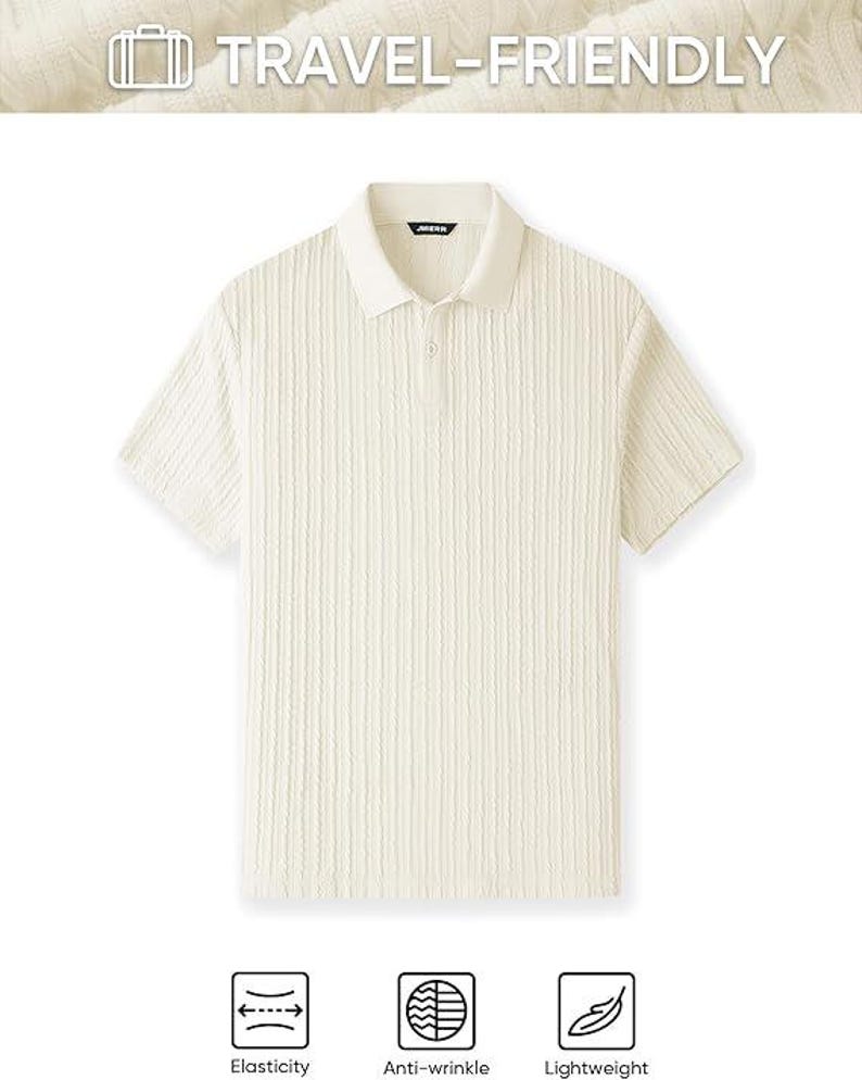 May include: A cream-colored short-sleeve polo shirt with a vertical cable knit texture, a classic collar, and a button placket. The image includes the text TRAVEL-FRIENDLY, Elasticity, Anti-wrinkle, and Lightweight, along with icons for each feature.