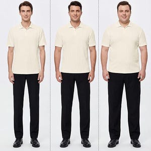 May include: A cream-colored short-sleeve polo shirt with a vertical ribbed texture, shown in three different fits labeled Slim Fit, Regular Fit, and Plus Size Fit. The text Size: S-5XL is displayed at the top of the image.