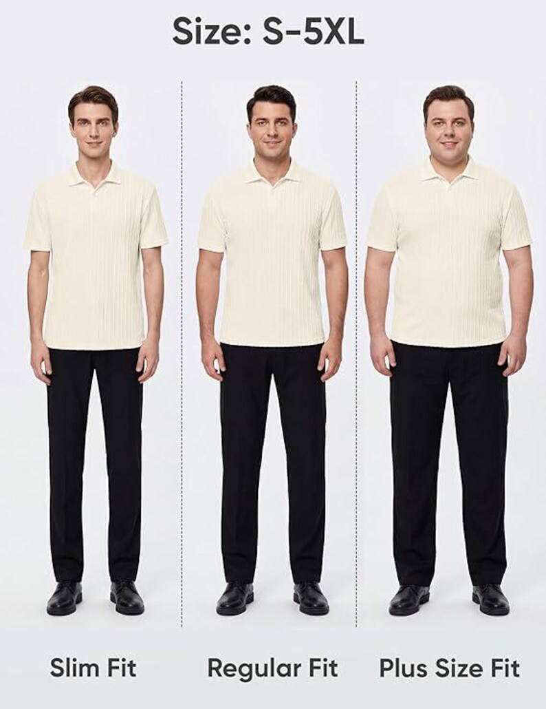 May include: A cream-colored short-sleeve polo shirt with a vertical ribbed texture, shown in three different fits labeled Slim Fit, Regular Fit, and Plus Size Fit. The text Size: S-5XL is displayed at the top of the image.