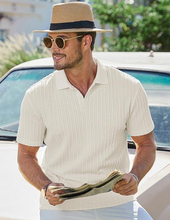 Men's Casual Polo Short Sleeve Shirt Summer Vacation Button Beach Knit Stretchy Golf Shirts