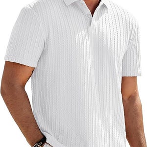 Men's Casual Polo Short Sleeve Shirt Summer Vacation Button Beach Knit Stretchy Golf Shirts White