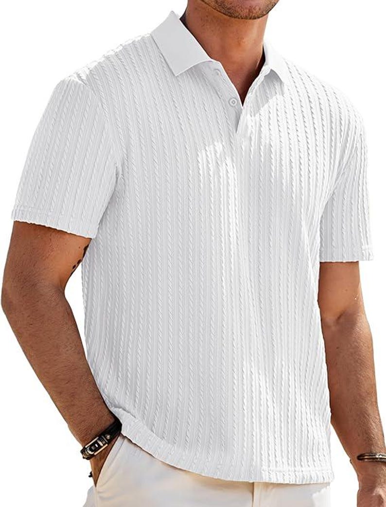 Men's Casual Polo Short Sleeve Shirt Summer Vacation Button Beach Knit Stretchy Golf Shirts White