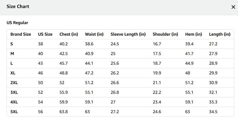 May include: A size chart table for US Regular clothing, featuring columns for Brand Size, US Size, Chest, Waist, Sleeve Length, Shoulder, Hem, and Length in inches. The table lists sizes from S to 5XL with corresponding numerical measurements for each category.