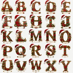 Op de afbeelding: Een verzameling van vijfentwintig letters van het alfabet van A tot Y, elk ontworpen met een rood en groen zuurstok-gestreept patroon, versierd met rode kerststerren, groene hulstbladeren en bekroond met een kleine rood-witte kerstmuts.