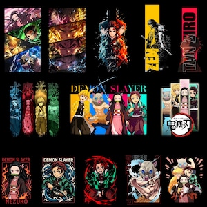 May include: A collection of colorful Demon Slayer anime character designs on a black background. The designs feature various characters with bold colors and dynamic poses. Some designs include Japanese text and the words "Demon Slayer".