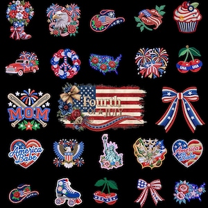 May include: A collection of embroidered patches with patriotic themes. Designs include an American flag, an eagle, a cowboy hat, a cupcake, a truck, a peace sign wreath, a map of the USA, fireworks, cherries, a bow, and the Statue of Liberty. The text includes "MOM", "America Babe", and "Fourth of July".
