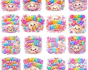 Pacchetto di immagini PNG di ravioli Kawaii, design per magliette per amanti del cibo, sublimazione colorata, adesivo di compleanno (download digitale)