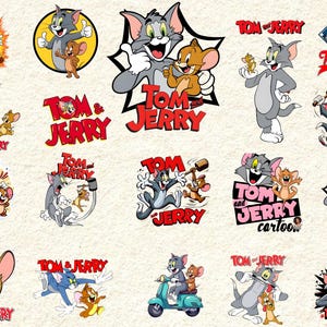 Op de afbeelding: Een verzameling Tom en Jerry cartoonafbeeldingen. De afbeeldingen tonen de personages Tom de kat en Jerry de muis in verschillende poses, met de woorden "Tom & Jerry" in rode en witte tekst. De afbeeldingen zijn in cartoonstijl.