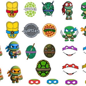 May include: A collection of colorful cartoon images featuring the Teenage Mutant Ninja Turtles. The images include turtle shells, character portraits, and the Turtles' logo. The characters are depicted with their signature masks and weapons.