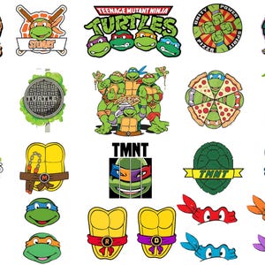 May include: Collection of Teenage Mutant Ninja Turtles graphics. Includes logos, character faces, and illustrations of the turtles with pizza and weapons. Various colors are used, including green, red, blue, and purple.