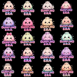 May include: A collection of twenty cartoon dumpling stickers on a black background. Each dumpling features a unique facial expression and the text IN MY DUMPLING ERA in a pink and blue gradient font, surrounded by small sparkling star accents.