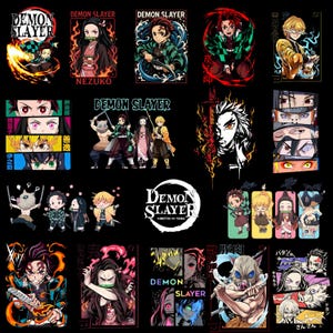May include: A collection of colorful Demon Slayer graphic designs on a black background. The images feature various characters and the series logo, with vibrant colors and dynamic poses. The text "Demon Slayer" is prominently displayed.