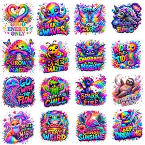 Könnte beinhalten: Eine Sammlung von sechzehn bunten Aufklebern mit verschiedenen Tieren und Pflanzen, darunter eine Schlange, ein Oktopus, ein Schmetterling, eine Schildkröte, ein Pilz, eine Biene, eine Fledermaus, ein Seepferdchen, eine Qualle, ein Kaktus, ein Drache, ein Faultier, ein Fuchs, ein Frosch, ein Flamingo und ein Koala mit Text.