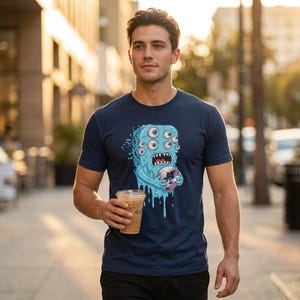 Puede incluir: Camiseta azul marino con un diseño de monstruo de dibujos animados. El monstruo es azul claro con múltiples ojos y un objeto con forma de planeta. La persona sostiene un vaso de plástico transparente con una bebida marrón.