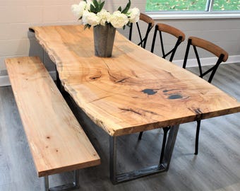 Live Edge esdoornhouten eettafel | Op maat gemaakte moderne eetkamermeubels, massief houten keukentafel, industriële tafel met metalen poten