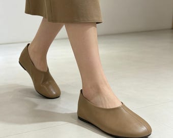 Vintage Leder Ballerinas für Frauen, Weichem Leder Runde Zehenschuh, Handgefertigte Casual Komfort Wohnungen, Minimalistisches Geschenk für Sie