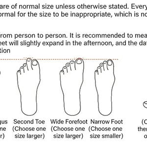 Puede incluir: Ilustraci&oacute;n de formas de pie para tallas de zapatos, incluyendo est&aacute;ndar, hallux valgus, segundo dedo, pie ancho, pie estrecho y empeine alto. El texto aconseja medir los pies por la tarde.