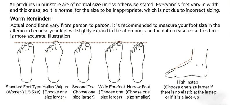 Puede incluir: Ilustraci&oacute;n de formas de pie para tallas de zapatos, incluyendo est&aacute;ndar, hallux valgus, segundo dedo, pie ancho, pie estrecho y empeine alto. El texto aconseja medir los pies por la tarde.