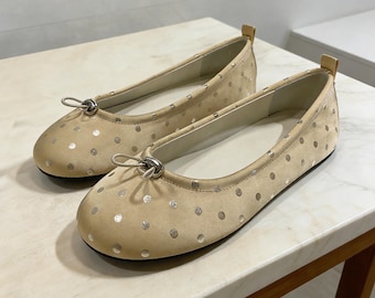 Polka Dot Satin Ballerinas Khaki Silber Dot Runde Zehe Wohnungen Bequeme Slip-On Mary Jane Schuhe