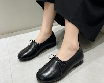 Leder Schleife Ballerinas für Frauen, Handgefertigte Weiche Leder Slip On Schuhe, Vintage Runde Zehe Komfort Wohnungen