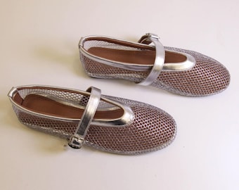 Silver Mesh Ballet Flats Fishnet Mary Jane Shoes Breathable Strap Flats for Women Chic Casual Shoes