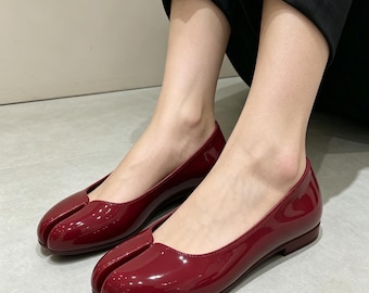 Red Patent Leather Tabi Ballet Flats, Split-Toe Slip-On Shoes, Women's Casual Flat Shoes,Minimalist Streetwear Footwear,Y2K Style Tabi Shoes