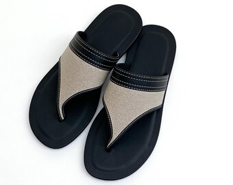 Damen Canvas Leder Flip Flops, String Sandalen mit gepolstertem Fußbett, lässige Sommer Strandschuhe zum Spazierengehen