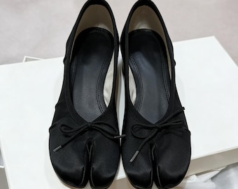 Satin Split Toe Heels Black Tabi Mary Jane Flats with Bow Low Heel Balletcore Shoes