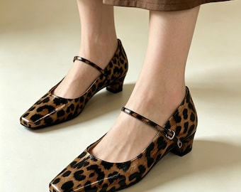 Leopard Print Mary Jane Shoes, Square Toe Low Heel Pumps, Retro Block Heel Mary Janes for Women