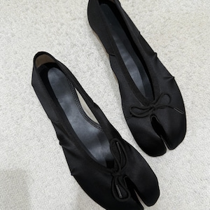 Satin Split Toe Heels Black Tabi Mary Jane Flats with Bow Low Heel Balletcore Shoes